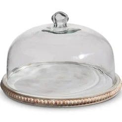 Raz 11.75" Whitewash Beaded Wooden Tray With Cloche 4424402