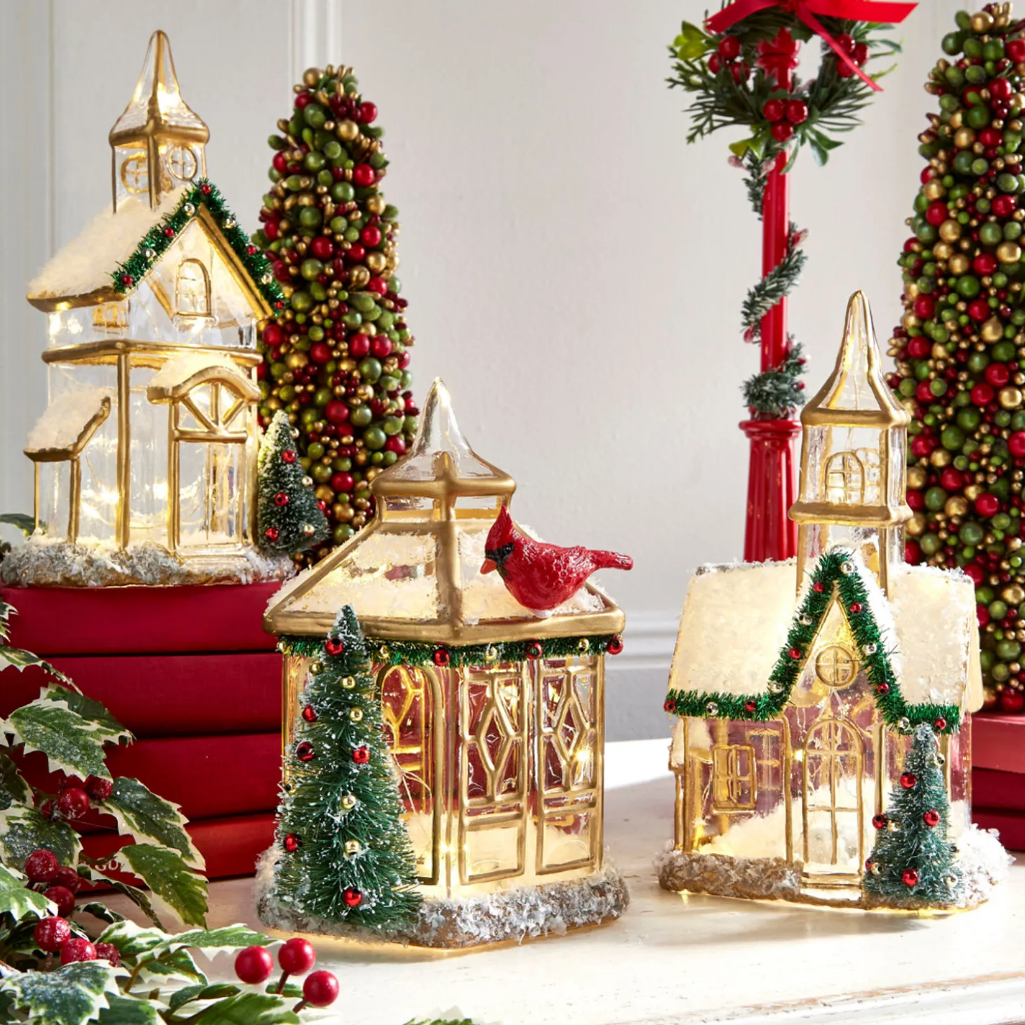 Raz Glass Lighted Gold Church Or Pagoda Christmas Figure