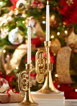 Raz Gold Horn Taper Christmas Candle Holders Set Of 2 4310185