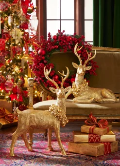 Raz Gold Large Laying Or Standing Deer With Wreath Christmas Decoration
