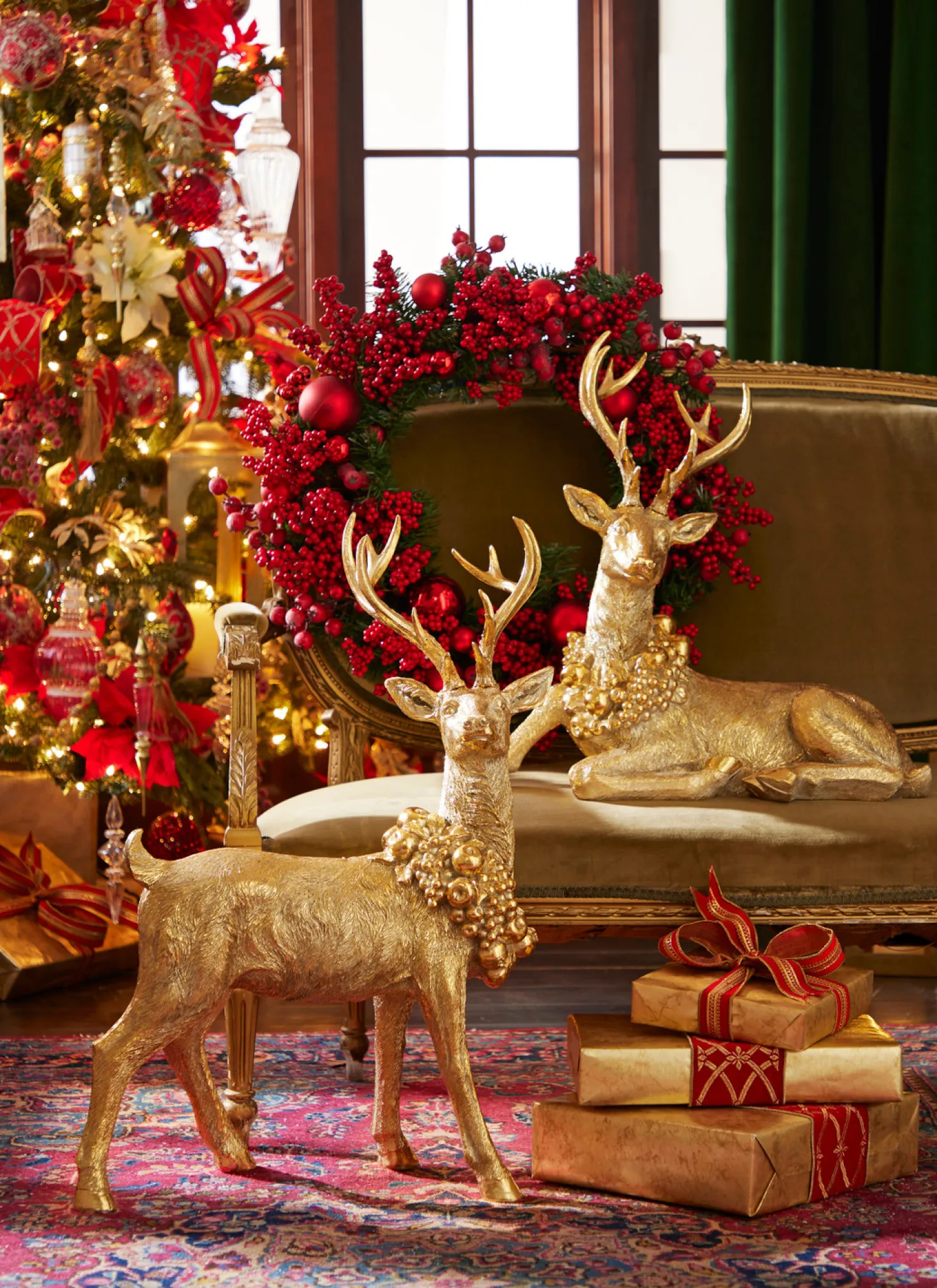Raz Gold Large Laying Or Standing Deer With Wreath Christmas Decoration