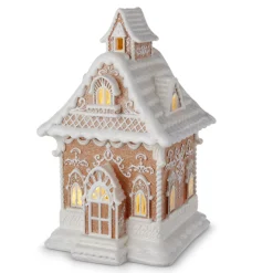 Raz Lighted Brown And White Christmas Gingerbread House Decoration