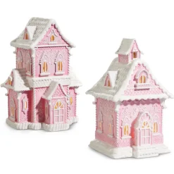 Raz Pink And White Lighted Christmas Gingerbread House Decoration