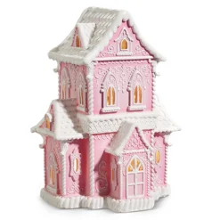 Raz Pink And White Lighted Christmas Gingerbread House Decoration