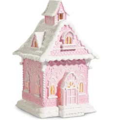 Raz Pink And White Lighted Christmas Gingerbread House Decoration