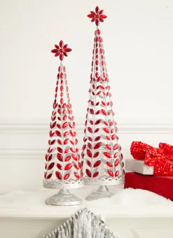 Raz Red Jeweled Tree With Silver Glitter Set Of 2 4313507