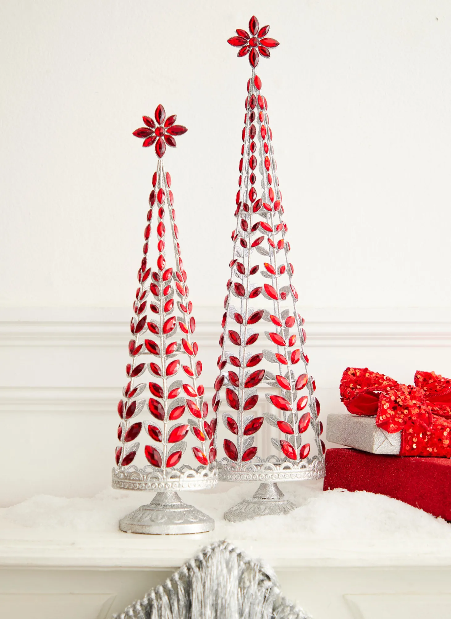 Raz Red Jeweled Tree With Silver Glitter Set Of 2 4313507