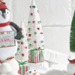 Raz Set Of 2 18" Bottle Brush Tree With Ornaments On Present Pedestal Christmas Figures 4215545