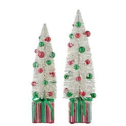 Raz Set Of 2 18" Bottle Brush Tree With Ornaments On Present Pedestal Christmas Figures 4215545