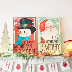 Raz Set Of 2 28" Vintage Christmas Snowman And Santa Wood Wall Art Signs 4328035