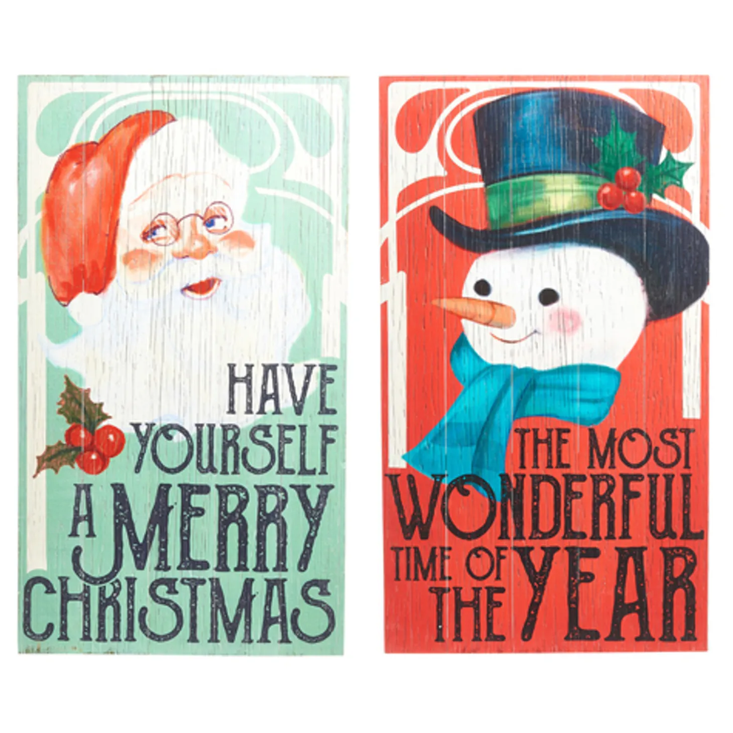 Raz Set Of 2 28" Vintage Christmas Snowman And Santa Wood Wall Art Signs 4328035