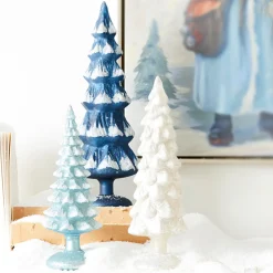 Raz Set Of 3 Blue And White Snowy Glass Christmas Trees 4222914