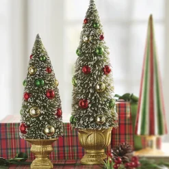 Raz Set Of 2 Green Bottle Brush Tree With Ornaments In Gold Urn 4215502