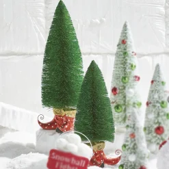 Raz Set Of 2 Green Glitter Bottle Brush Tree With Elf Shoes 4227111