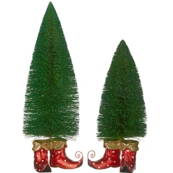 Raz Set Of 2 Green Glitter Bottle Brush Tree With Elf Shoes 4227111