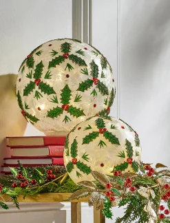 Raz Set Of 2 Holly Leaf Battery Operated Lighted Ball Glass Christmas Decoration 4322866
