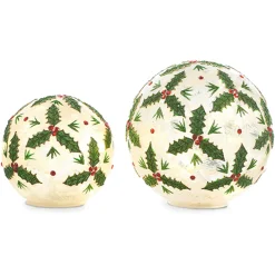 Raz Set Of 2 Holly Leaf Battery Operated Lighted Ball Glass Christmas Decoration 4322866