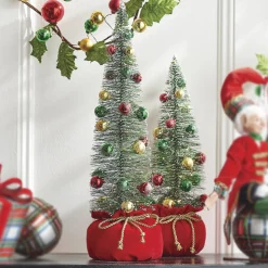 Raz Set Of 2 Lighted Bottle Brush Tree In Santa Bag Christmas Figures 4215550