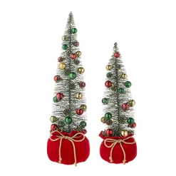 Raz Set Of 2 Lighted Bottle Brush Tree In Santa Bag Christmas Figures 4215550
