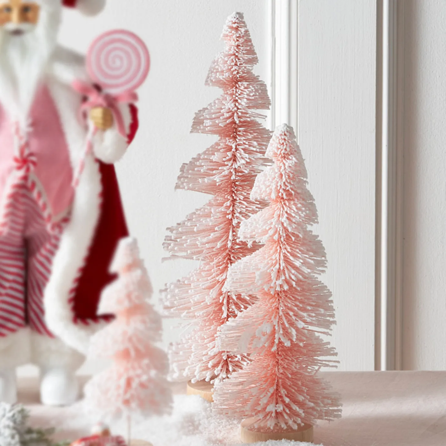 Raz Set Of 2 Pink Snowy Bottle Brush Christmas Trees 4316058