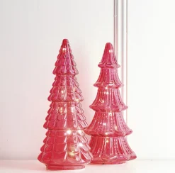 Raz Set Of 2 Pink Textured Glass Lighted Christmas Tree Decoration 4220113