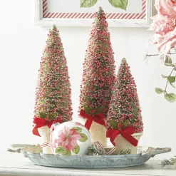 Raz Set Of 3 Potted Bottle Brush Trees With Red Berries Christmas Figure 4114106