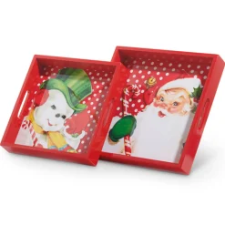 Raz Set Of 2 Retro Santa And Snowman Christmas Serving Trays 4457273