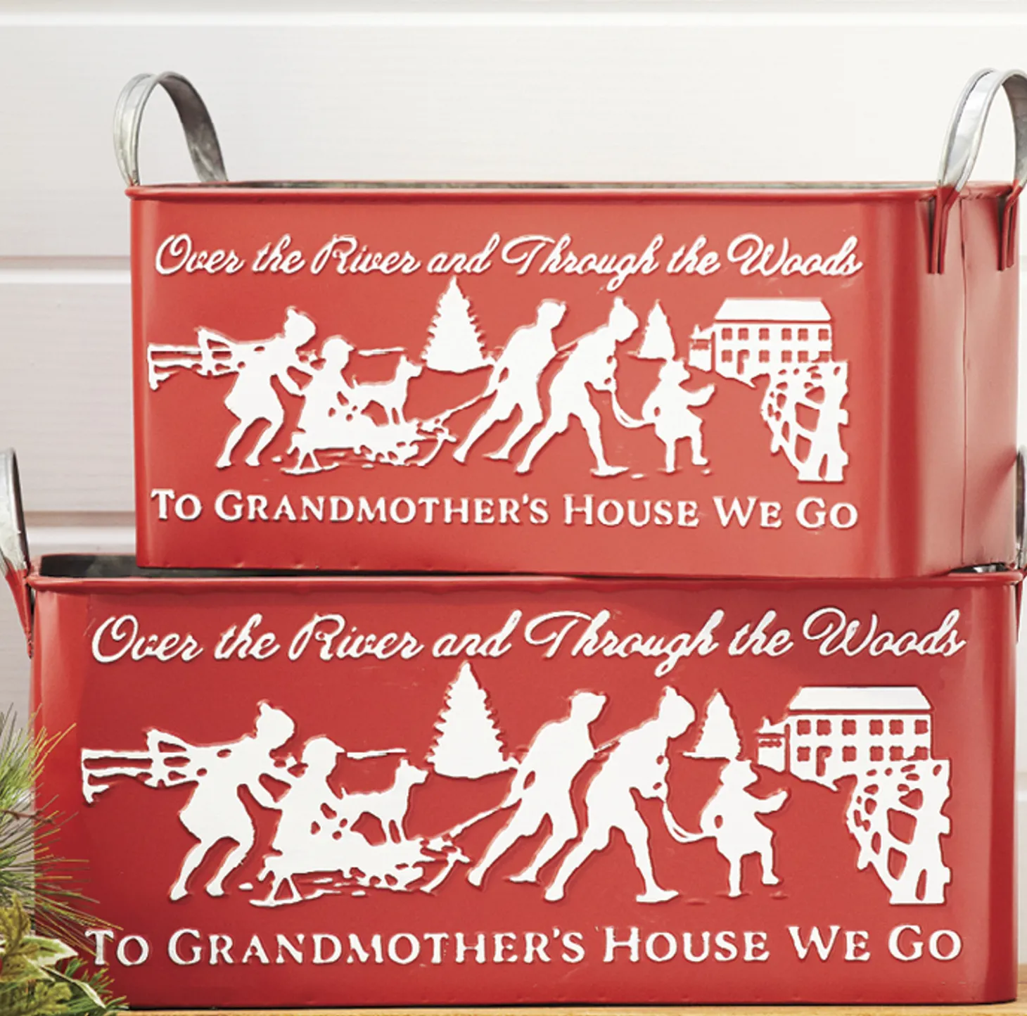 Raz Set Of 2 To Grandmother's House We Go Embossed Metal Christmas Container 4159088