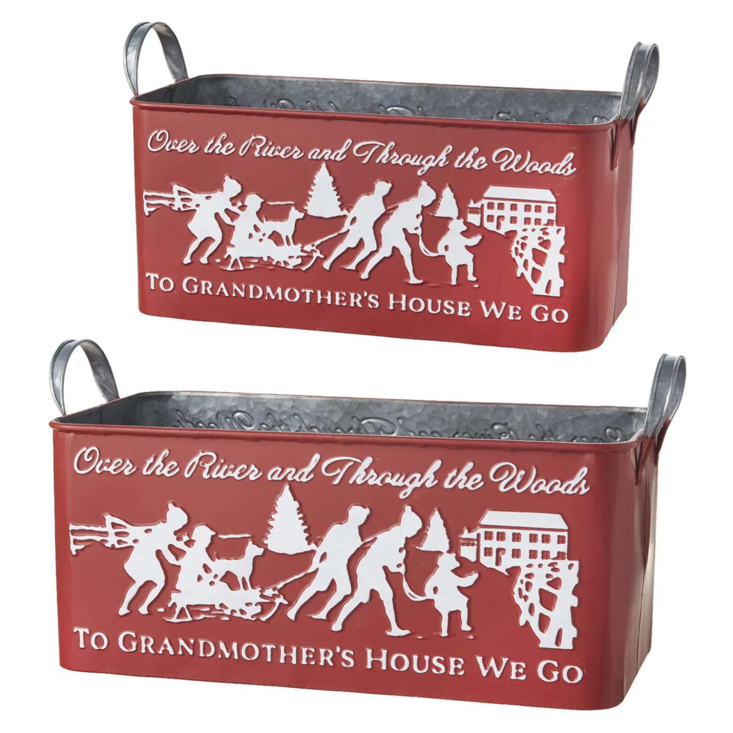 Raz Set Of 2 To Grandmother's House We Go Embossed Metal Christmas Container 4159088