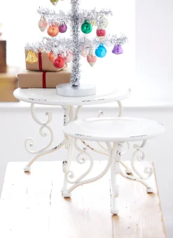 Raz Set Of 2 White Distressed Metal Risers Stands 4228915