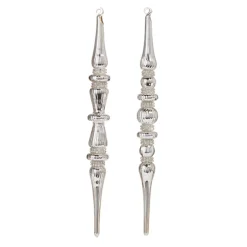 Raz 12"Silver Jeweled Finial Glass Christmas Ornament Set Of 2 4324599
