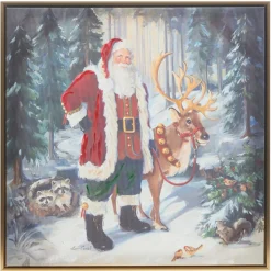Raz Woodland Santa And Reindeer Textured Frame Christmas Wall Art