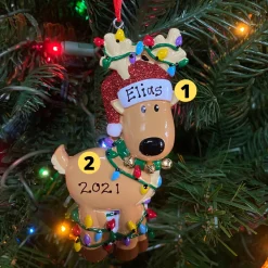 Reindeer Tangled In Lights Personalized Christmas Ornament OR1370