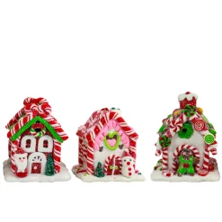 Set Of 3 Battery Operated Lighted Claydough Gingerbread Candy House Christmas Ornament D4107