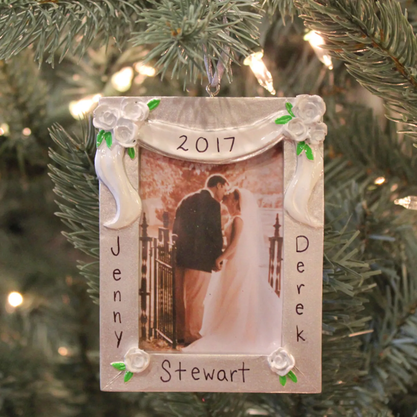 Silver And White Wedding Picture Frame Personalized Christmas Ornament PF958