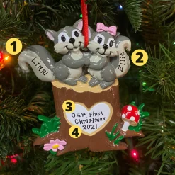 Squirrel Couple On Tree Trunk With Heart Personalized Christmas Ornament OR1890-SQ