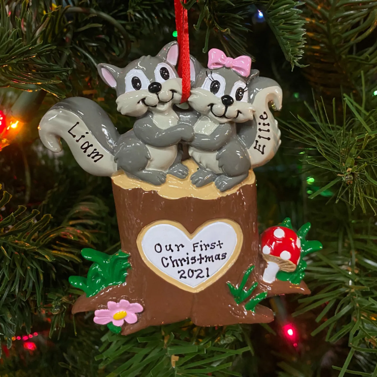 Squirrel Couple On Tree Trunk With Heart Personalized Christmas Ornament OR1890-SQ