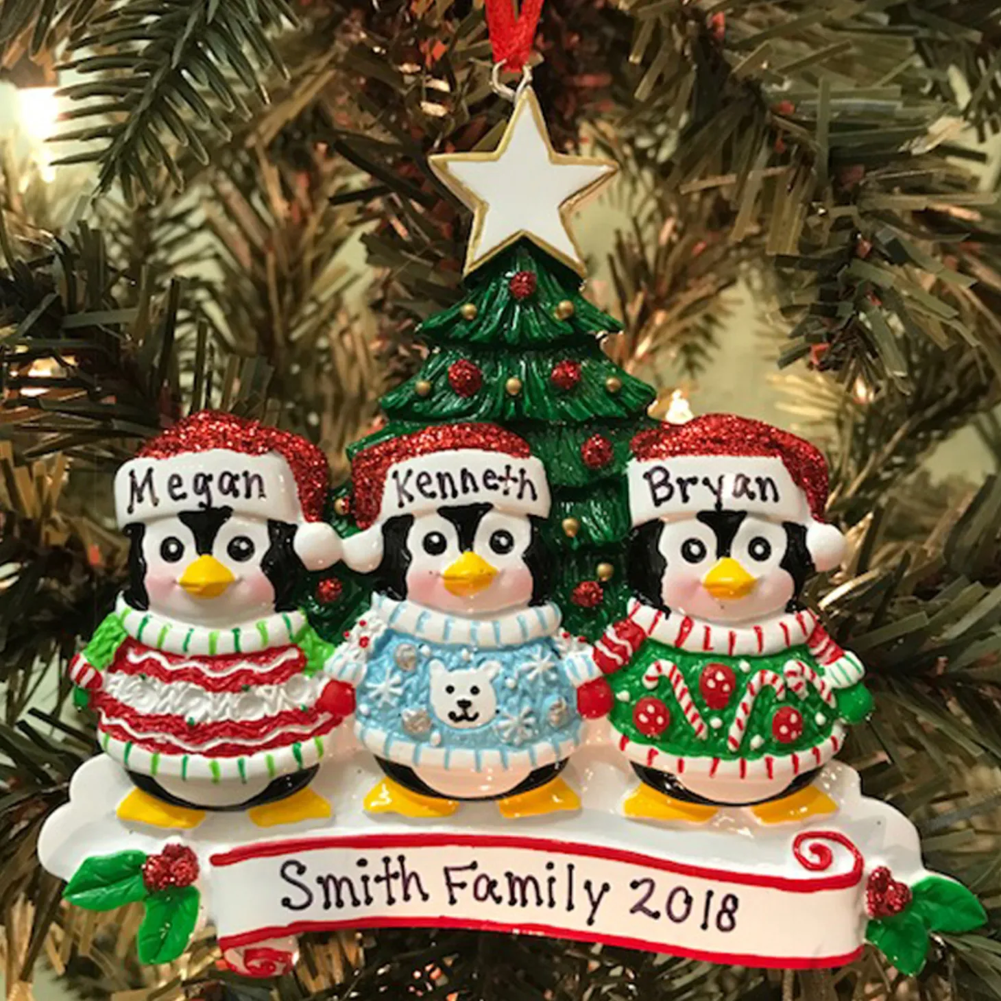 Ugly Sweater Penguin Family Of 3 Personalized Christmas Ornament