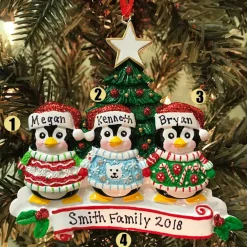 Ugly Sweater Penguin Family Of 3 Personalized Christmas Ornament