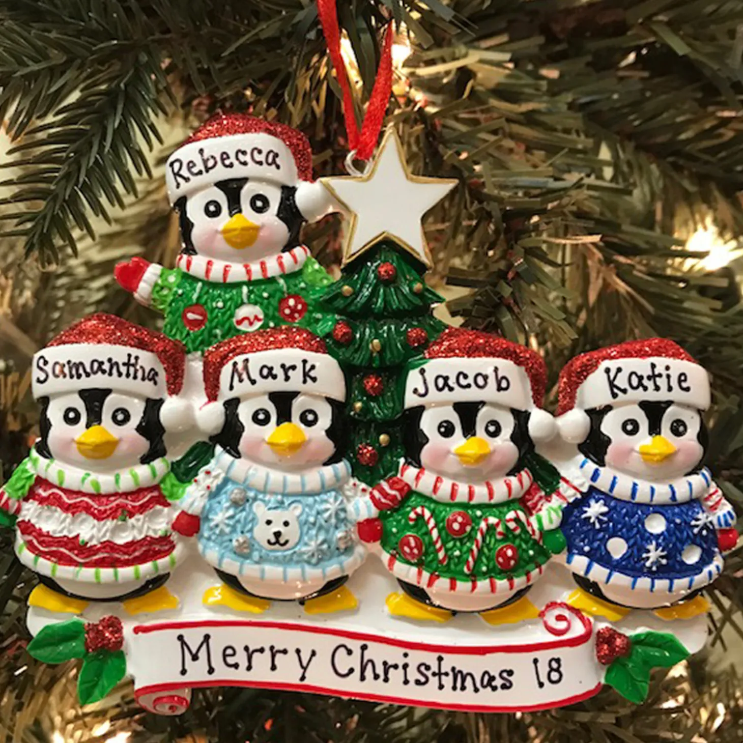 Ugly Sweater Penguin Family Of 5 Personalized Christmas Ornament