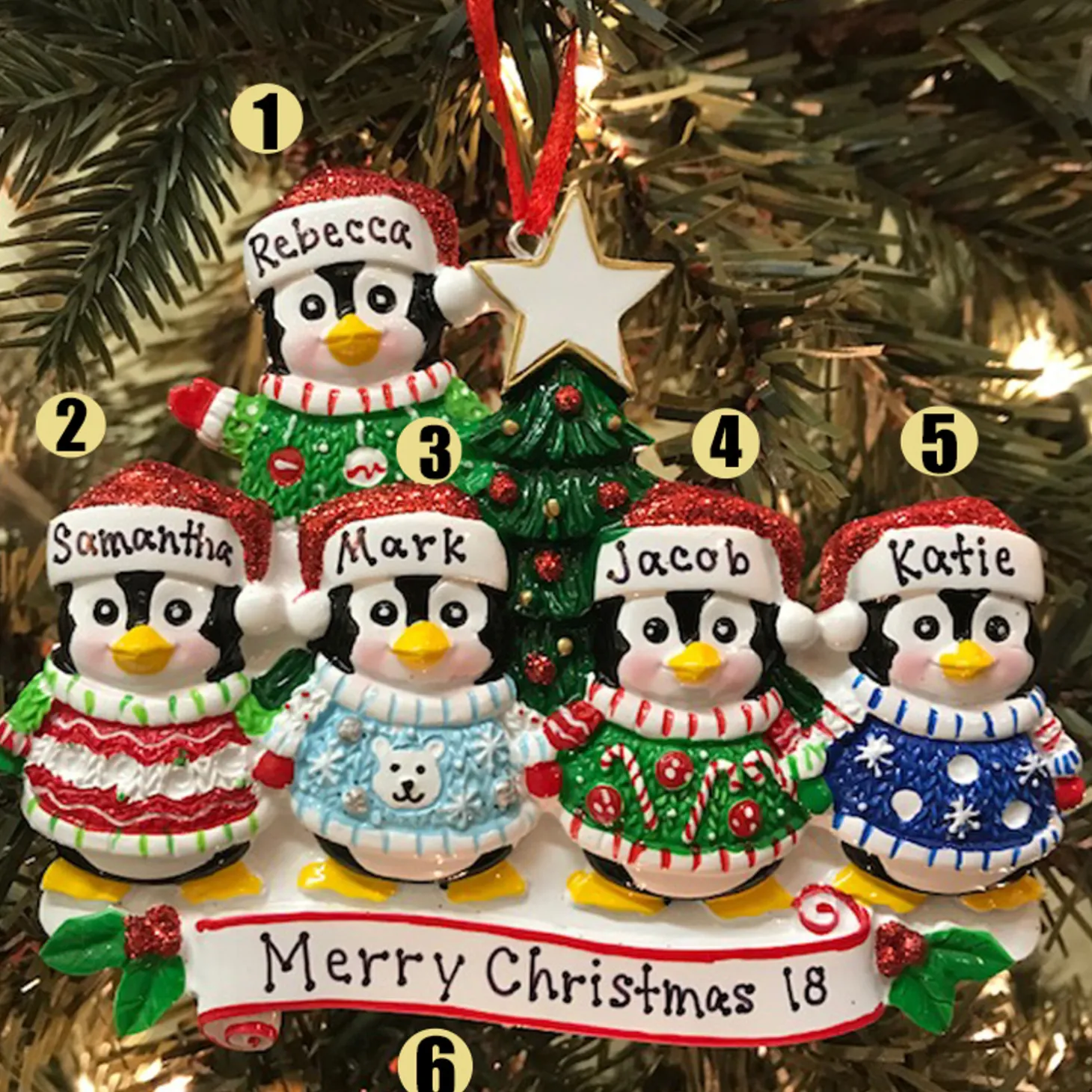 Ugly Sweater Penguin Family Of 5 Personalized Christmas Ornament