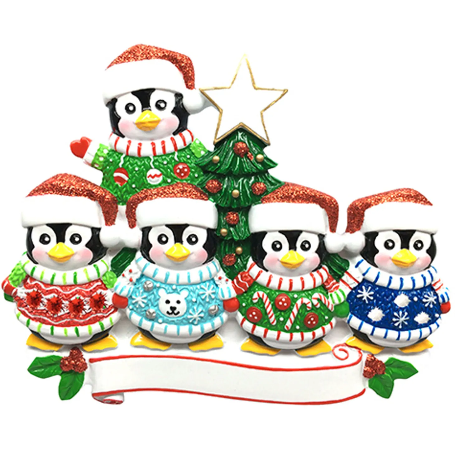 Ugly Sweater Penguin Family Of 5 Personalized Christmas Ornament