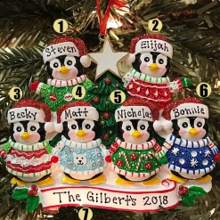 Ugly Sweater Penguin Family Of 6 Personalized Christmas Ornament