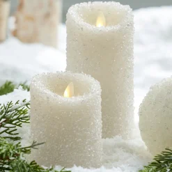 Uyuni 3" X 5", 6" Moving Flame White Iced Pillar Battery Candle